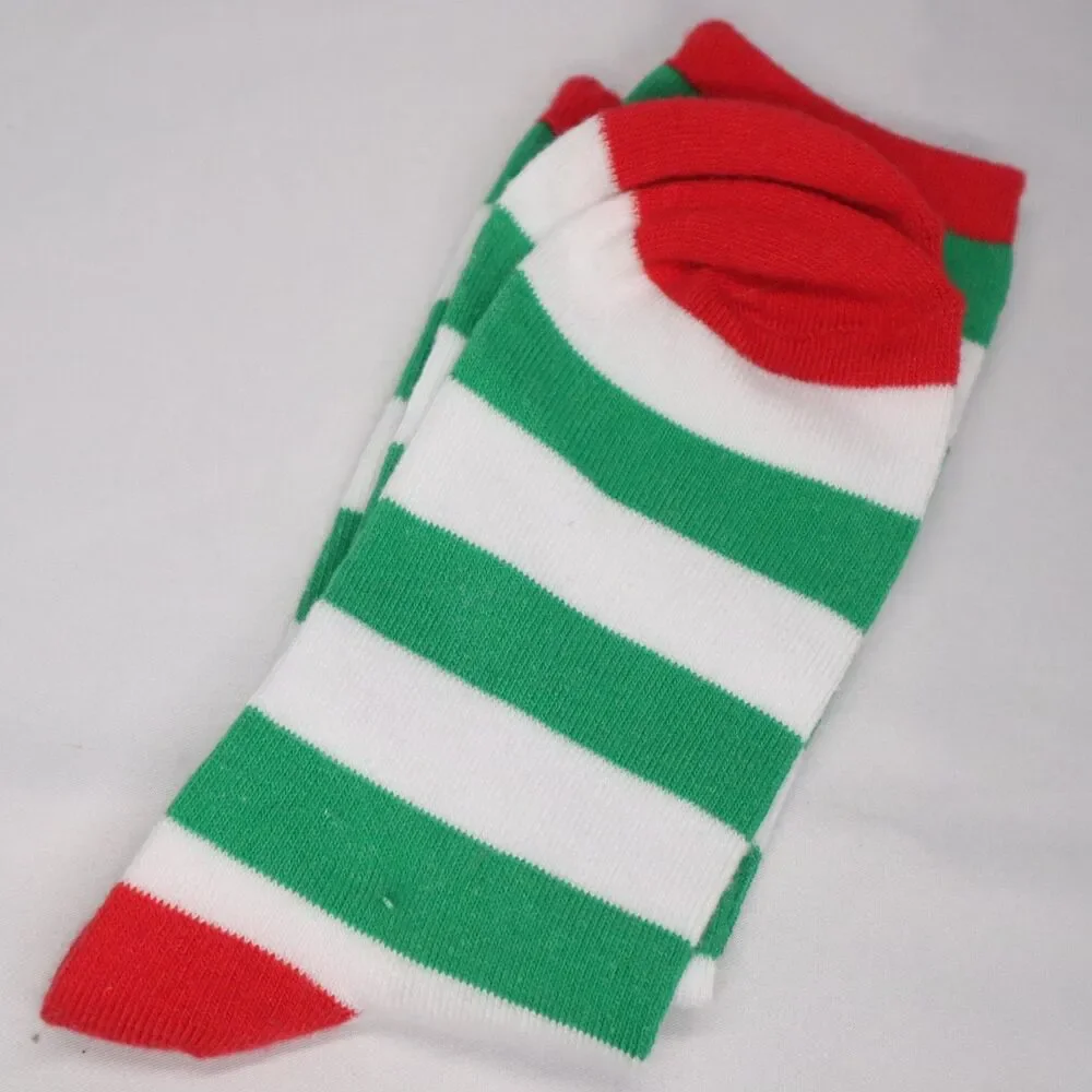 Striped Crew Socks Green White w Red Toe/heel Size 5-10 Holiday Costume